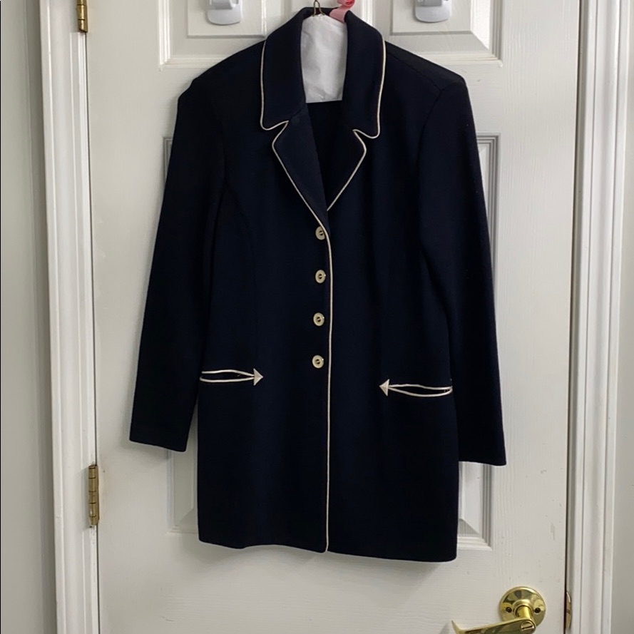 St. John Knit Long Sweater Jacket Navy Blue